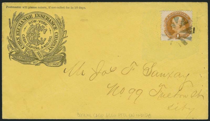 1c Buff (112).> Rich color, tied by circle of Vs cancel on yellow cover with <insurance co. corner card> to local street address, corner card is also printed on the inside, Very Fine, ex Coulter