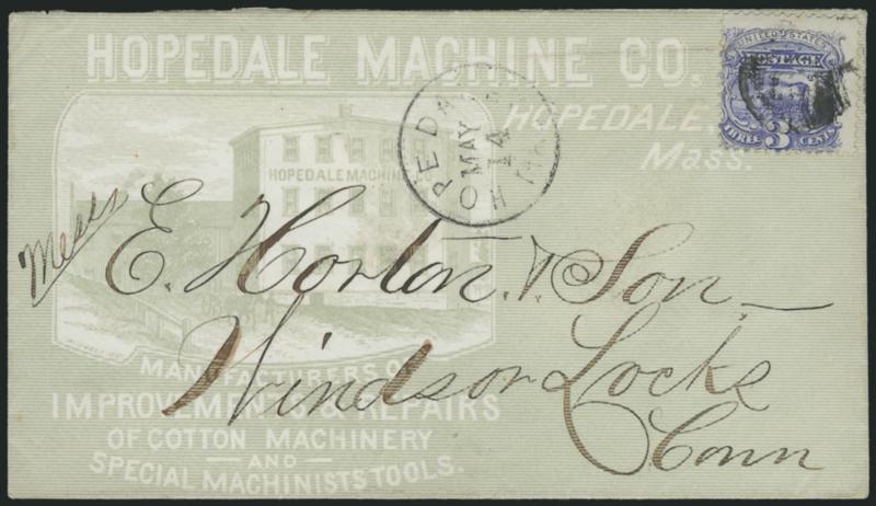 3c Ultramarine (114).> Target cancel, Hopedale Mass. May 14 circular datestamp on bright green <Hopedale Machine Co. illustrated advertising> cover with manufacturing building, to Windsor Locks Conn., Extremely
Fine