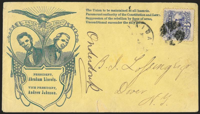 3c Ultramarine (114).> Tied by quartered cork, indistinct strike of circular datestamp, on yellow <Lincoln-Johnson Campaign> cover to Dover N.Y., cover with small repaired nick at bottom, otherwise Very Fine,
with 2006 P.F. certificate