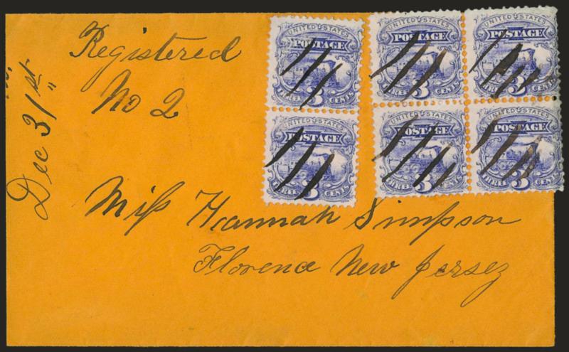 3c Ultramarine (114).> Block of four and vertical pair, cancelled by penstrokes on <registered> orange cover to Florence N.J., slightly reduced at left affecting ms. pmk., block with few perf flaws from
placement at edge of cover, appears Fine, scarc