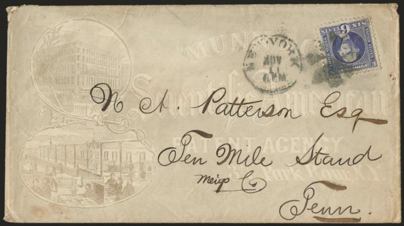 6c Ultramarine (115).> Tied by cork, New-York Nov. 1? circular datestamp on <illustrated Scientific American Patent Agency> cover to Tenn., bottom left corner of stamp defective, some edgewear, still Very Fine
appearance