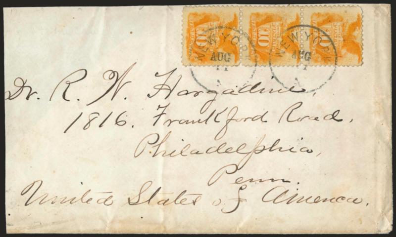 10c Yellow (116).> Vertical strip of three, rich color, tied by New York Aug. 11 circular datestamps on cover to Philadelphia, slightly reduced at left, missing part of top flap and left flap, top and bottom
stamps with small faults, cover with som