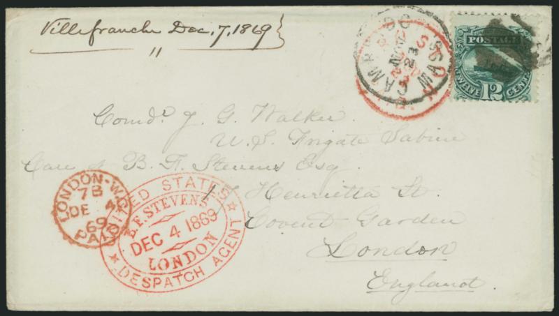 12c Green (117).> Tied by cork, Cambridge Mass. Nov. 23 circular datestamp on cover <to London, England,> red Boston transit also ties stamp, 1869 London transit, .F. Stevens, U.S. Despatch Agent> red oval
handstamp, fresh and Fine