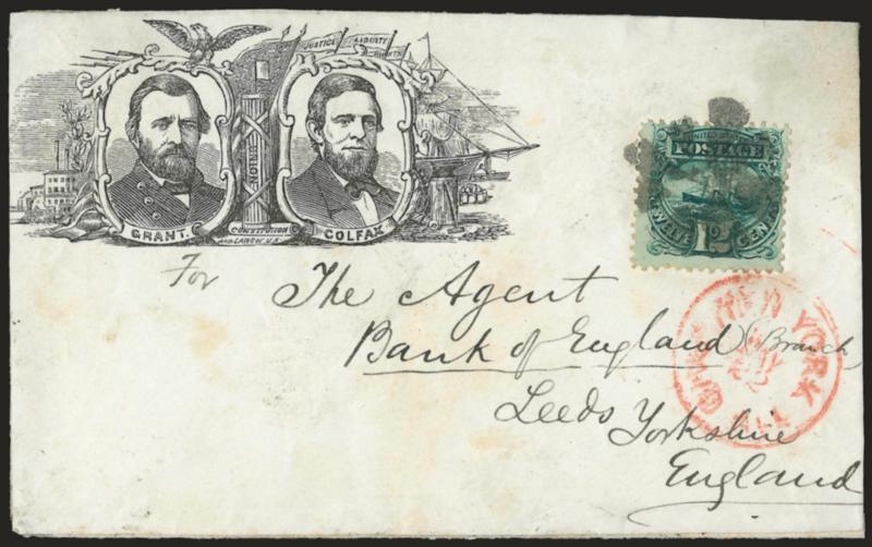 12c Green (117).> Rich color, tied by circle of wedges on <Grant-Colfax Campaign> cover < to Leeds, England,> red New York Paid All May 22 circular datestamp, Chicago backstamp, slightly reduced at right, some
trivial wear, Fine, scarce usage