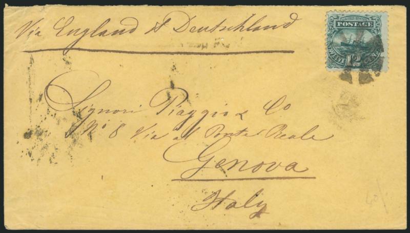 12c Green (117).> Tied by circle of wedges cancel on yellow cover <to Genoa, Italy,> senders route instructions <<Via England & Deutschland>> and, oddly, no U.S. postmarks, transit and receiving backstamps incl.
Milano Apr. 11, 1870, Very Fine, ex