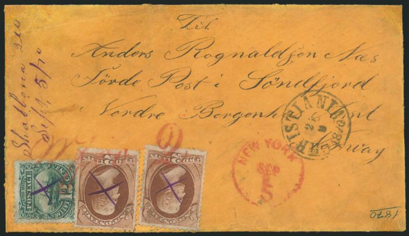 2c Red Brown (146).> Two, <used with 12c Green (117)> and cancelled by magenta penstrokes with matching Shabbona Ill. Sept. 5, 1870 ms. pmk. on orange cover <to Norway,> red New York 5 Sep. 8 credit datestamp,
stamps also tied by red Wfco. 2 tr
