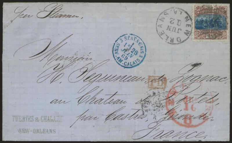 15c Brown & Blue, Ty. I (118).> Well-centered, rich colors, tied by quartered cork cancel and New Orleans La. Jun. 12 (1869) circular datestamp on blue folded letter <to Portets, France,> red New York Paid 6
Jun. 16 credit datestamp, red framed 