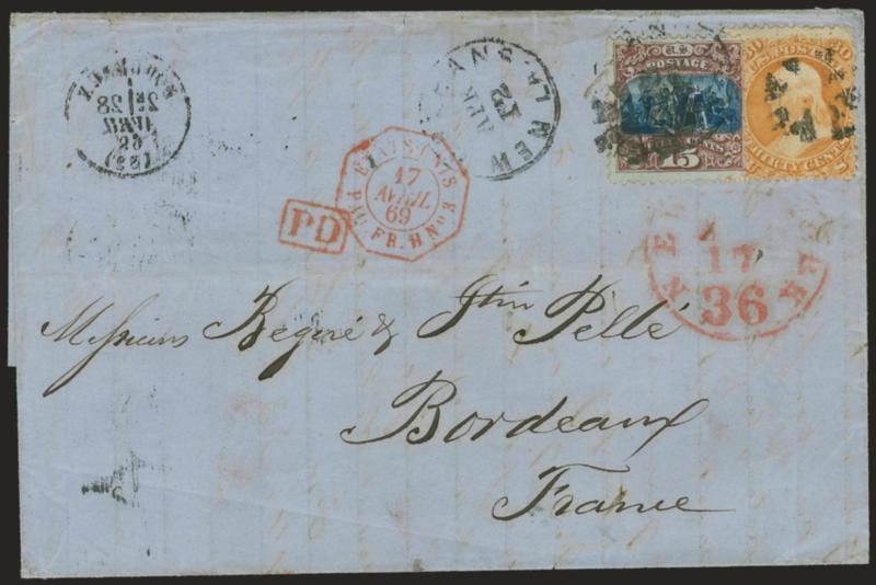 15c Brown & Blue, Ty. I (118).> Rich colors, used with <30c Orange, F. Grill (100),> tied by small circle of wedges cancels and New Orleans La. Apr. 12 circular datestamp on blue 1869 folded letter to Bordeaux,
France, red New York 36 Apr. 17 cre