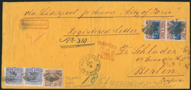 15c Brown & Blue, Ty. II (119).> Vertical pair used with <2c Brown and pair of 3c Ultramarine (113, 114),> tied by circle of wedges cancels on legal-size buff <registered cover to Berlin, Prussia,> New York D
Registered Nov. 6 (1869) Station D circ