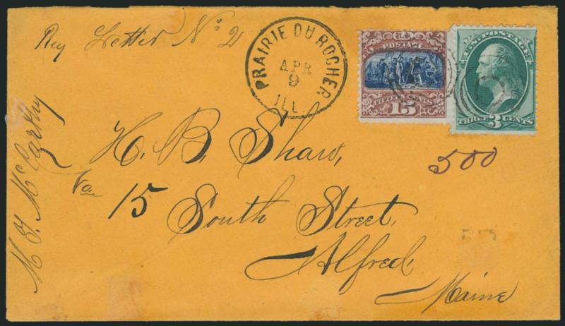 15c Brown & Blue, Ty. II (119).> Used with <3c Green (147),> bright color, cancelled by neat targets, Prairie Du Rocher Ill. Apr. 9 circular datestamp on orange <registered> cover to Alfred Me., cover with
trivial scuffs not affecting stamps, Very