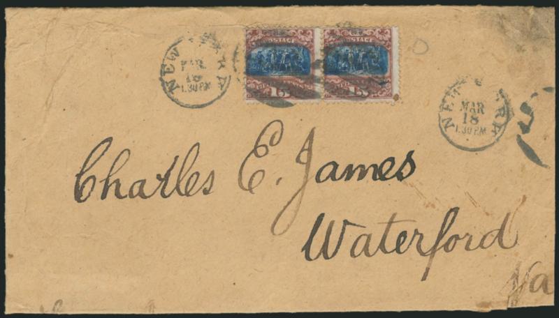 15c Brown & Blue, Ty. II (119).> Horizontal pair, deep rich colors, tied by large 5-bar grids and duplex New-York Mar. 18 1:30 P.M. circular datestamp on large brown cover to Waterford Va., refolded all around
to reduce size for display, minor wear