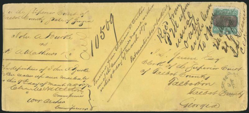 24c Green & Violet (120).> Tied by cork, light strike of New York Registered Mar. 9 rimless datestamp on yellow legal-size cover to Talbotton Ga., stamp also tied by ms. <<Recd. from PM upon usual oath with
leave to open March 21, 1870>>, variou