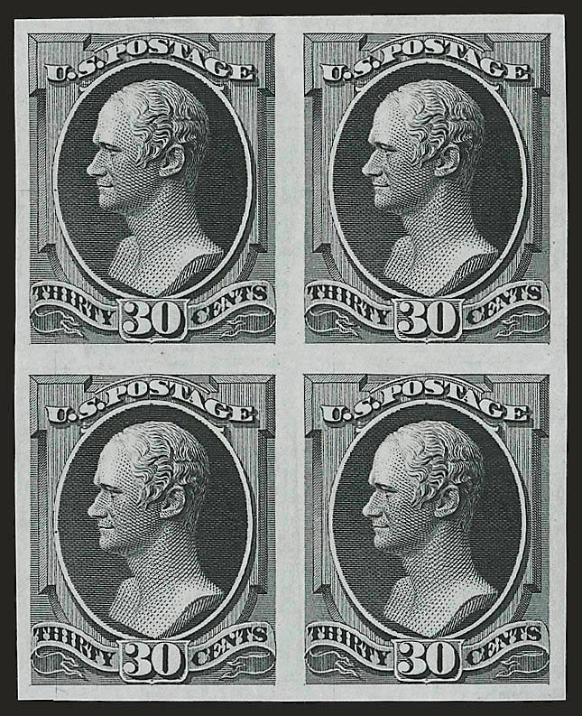 1c-30c 1870-71, National Bank Note Co. Issue, Plate Proofs on India (145P3-146P3, 148P3, 151P3, 152P3, 154P3).> Blocks of four of 1c, 2c, 15c and 30c, block of 9 of 6c, imprint block of eight of 12c, large
margins, rich colors, few small flaws associ