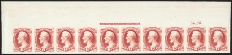2c Red Brown, 6c Carmine, Plate Proofs on India (146P3, 148P3).> Imprint and plate no. block of 12 of first and imprint and plate no. strip of 10 of second, bright colors, last mounted on original card, first
with few flaws in selvage, otherwise Very