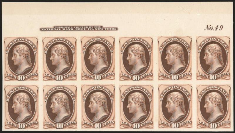 10c Brown, Plate Proof on India (150P3).> Top imprint and plate no. 49 block of twelve, large margins, on original card and therefore free from the defects that can plague this fragile paper, Very Fine and
choice