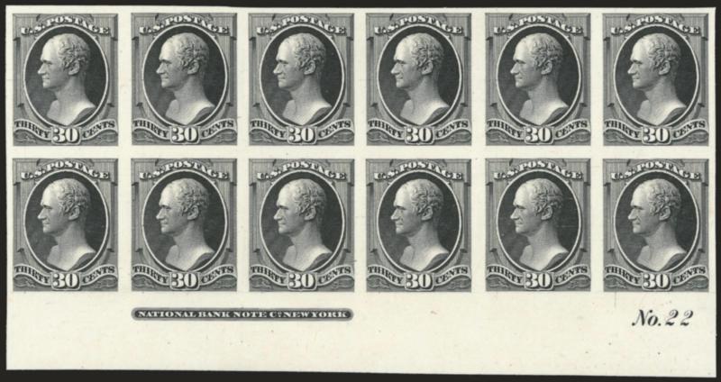 30c Black, Plate Proof on India (154P3).> Bottom imprint and plate no. 22 block of twelve, large even margins, on original card and therefore free from the usual defects that can plague this paper, Very Fine and
choice