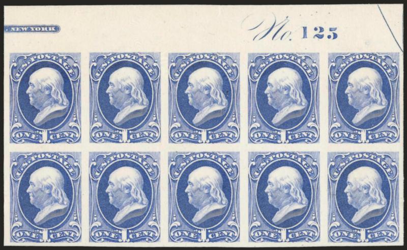 1c Ultramarine, Plate Proof on India (156P3).> Block of ten with <part imprint and plate no. 125> at top, large margins, brilliant color, on original card and therefore free from the defects that can plague this
fragile paper, Very Fine and choice, S