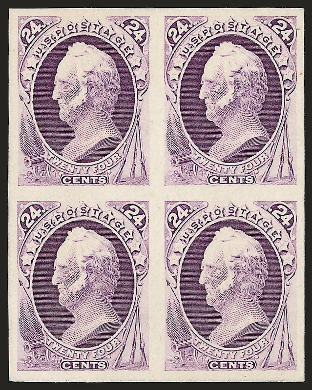 7c-24c Continental Bank Note Co., Plate Proofs on India (160P3-164P3).> Blocks of four of 12c, 15c and 24c, imprint and plate no. strip of six of 10c, imprint and partial plate no. block of ten of 7c, all except
12c mounted on original card, few smal