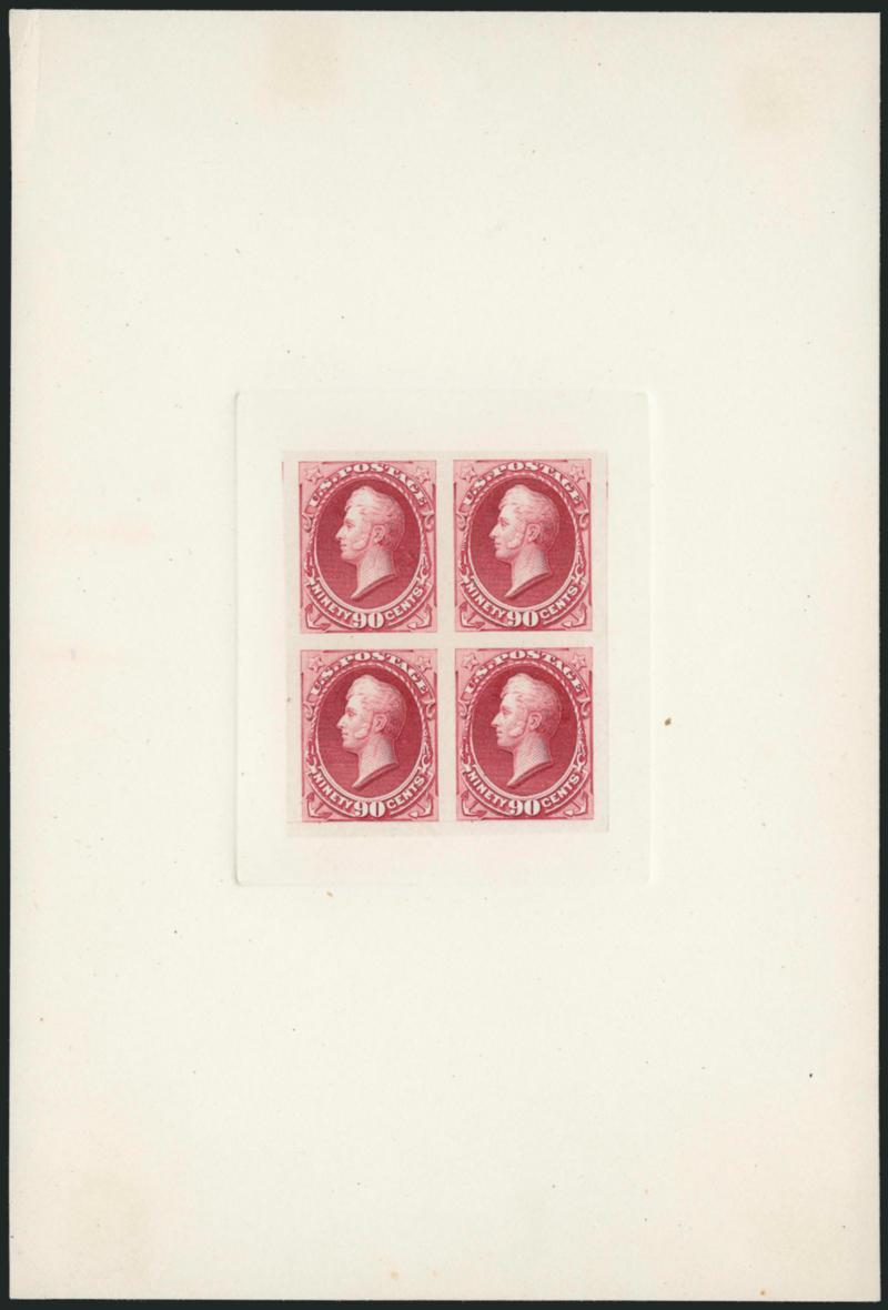 12c-90c 1873 Issue, Plate Proofs on India (162P3 var-166P3 var).> Blocks of four, <block sunk> on 126 x 185mm cards with full die sinkage, deep rich colors, Very Fine, unusual, probably prepared for
presentation, these are the first such items we hav