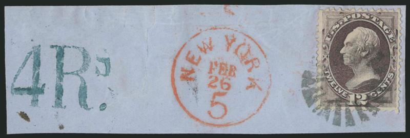 12c Dull Violet (151).> Bright color, tied by <New York Foreign Mail> cancel (Ty. TR-W19) on blue piece with red New York 5 Feb. 26 circular datestamp and blue 4Rs marking (sent to Spain), Very Fine strike of
this rare cancel, illustrated in Weis
