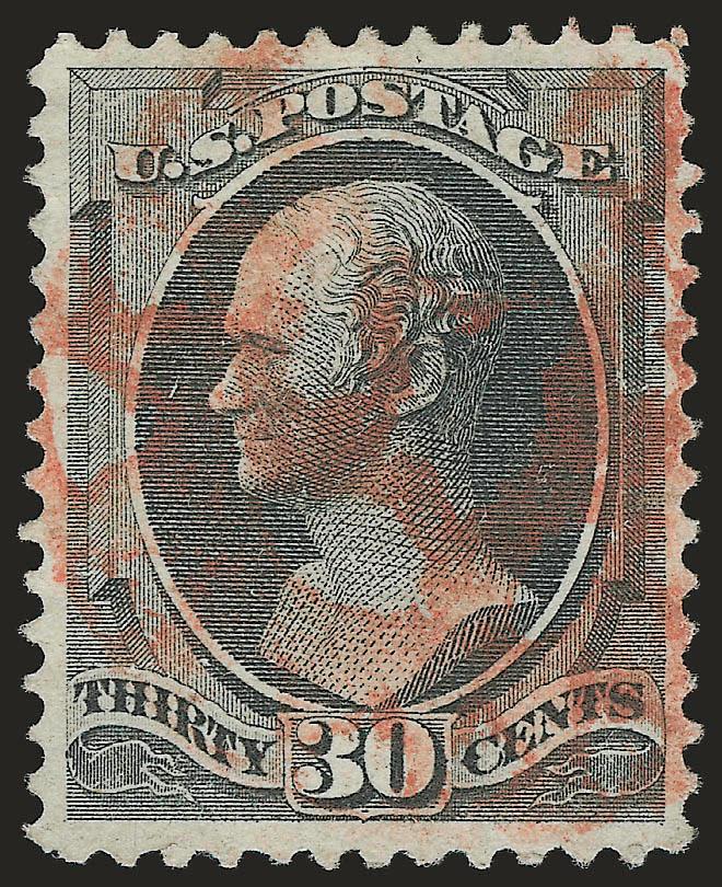 30c Gray Black (165).> Choice centering, intense shade, clear strike of <red New York Foreign Mail Star> cancel (Ty. ST-MP3), tiny thin spot, Extremely Fine strike, ex Mercedes