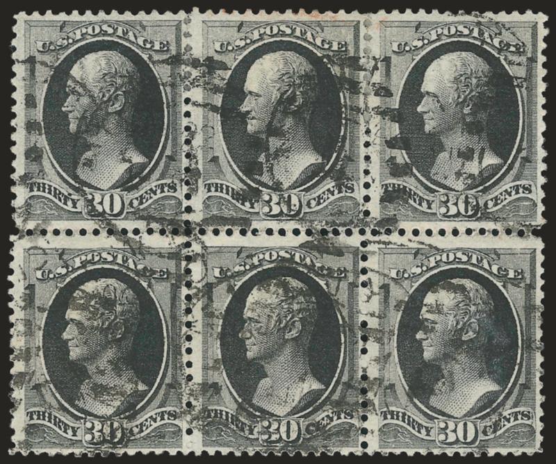 30c Full Black (190).> Block of six, intense shade and impression, bold strikes of duplex cancel, few sensibly reinforced perfs,  light creases, Very Fine appearing multiple of the 30c American Bank Note Co.
issue, ex Mercedes, Scott Retail as block
