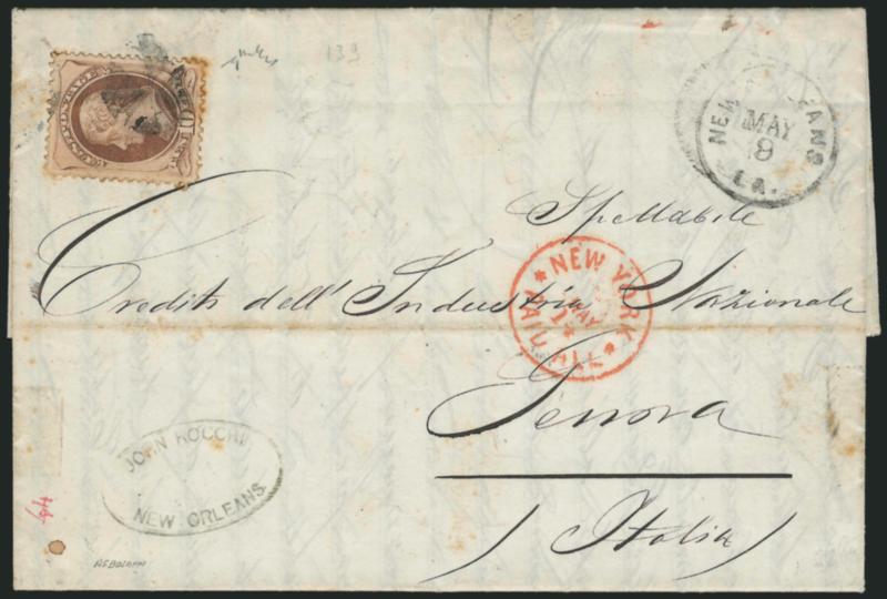 10c Brown, Grill (139).> H. Grill, tied by quartered cork, New Orleans La. May 9 circular datestamp on 1873 folded letter <to Genoa, Italy,> senders handstamp at bottom left, red New York Paid All May 14
circular datestamp, appropriate backstamp