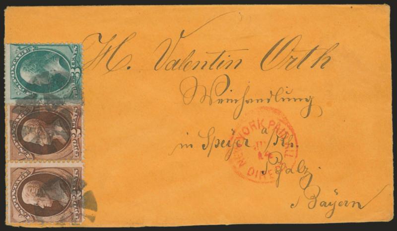 2c Red Brown, 3c Green (146, 147).> Horizontal pair of 2c, tied by neat strikes of circle of wedges, red New York Paid All Direct Jun. 14 circular datestamp on 1870 orange cover <to Bavaria, Germany,> receiving
backstamp, fresh and Very Fine usage