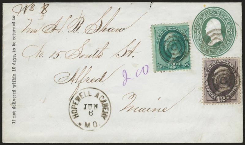 3c Green, 12c Dull Violet (147, 151).> Rich colors, tied by targets on 3c Green entire (U82), Hopewell Academy Mo. Jun. 6 circular datestamp, <registered> usage to Alfred Me., fresh and Very Fine, colorful and
attractive cover, ex Mercedes