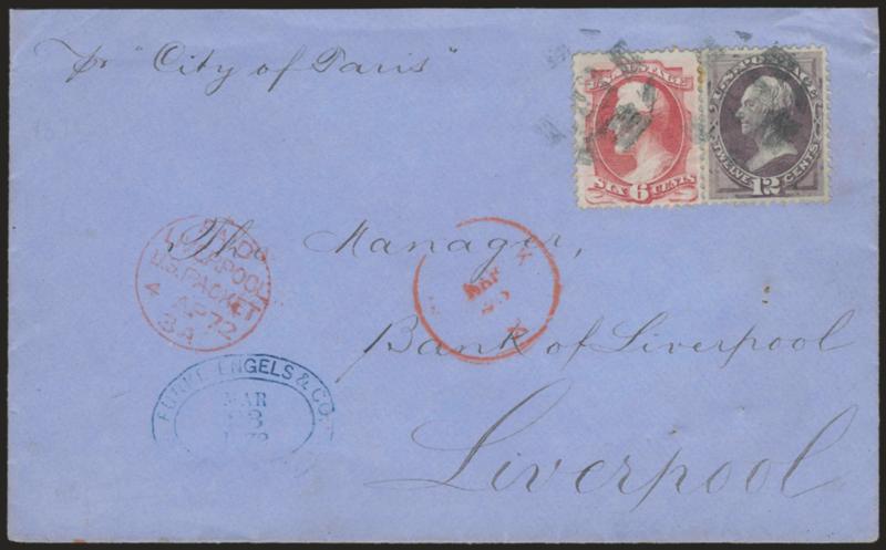 6c Carmine, 12c Dull Violet (148, 151).> Bright colors, tied by <New York Foreign Mail> cancel (Ty. TR-G25), red New York Mar. 25 circular datestamp on blue cover <to Liverpool, England,> 1872 receiving
datestamp, few lightly toned perf tips, Very