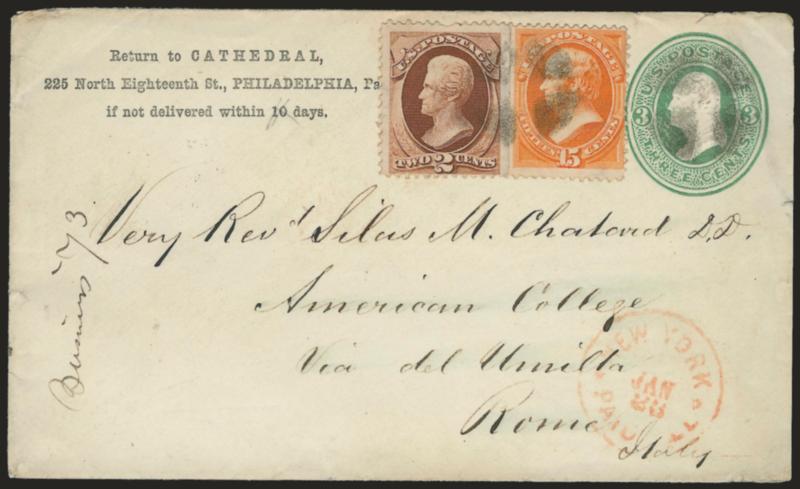2c Red Brown, 15c Bright Orange (146, 152).> S.e. at left, used on 3c Green entire (U83) and cancelled by corks, red New York Paid All Jan. 23 circular datestamp, <to Rome, Italy,> 1873 receiving backstamp, 2c
single pulled perf at top not mentione