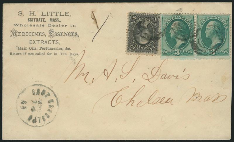 3c Green (147).> Horizontal pair, <used with 12c Black, E Grill (90),> tied by targets, East Randolph Ms. Apr. 14 circular datestamp on <registered> medicine dealers corner card cover to Chelsea Mass., slightly
reduced at right, stamps with few sm