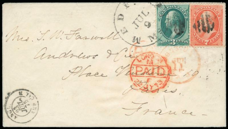 3c Green, 7c Vermilion (147, 149).> Bright colors, cancelled by small grids and tied by Medford Ms. Jul. 9 circular datestamp on 1873 cover <to Paris, France,> red Boston transit datestamp also ties stamps, red
London transit, receiving backstamp,