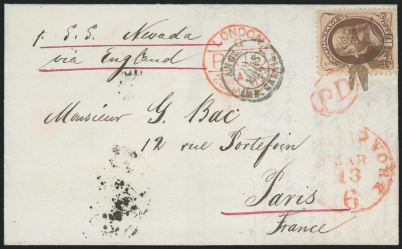 10c Brown (150).> Choice centering, bright color, tied by <brown New York Foreign Mail> cancel (Weiss Ty. TR-C7) on 1872 folded letter <to Paris, France,> red New York Paid 6 Mar. 13 circular datestamp, London
and Calais transits, stamp also tied b