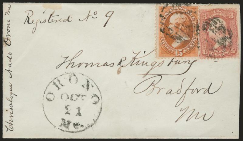 15c Bright Orange (152).> Used with <3c Red, F. Grill, Double Grill (94 var),> tied by grids, matching Orono Me. Oct. 21 circular datestamp on <registered> cover to Bradford Me., slightly reduced at right barely
affecting a few perfs of 3c stamp, o