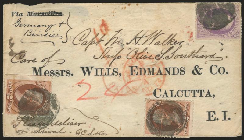 24c Purple (153).> Used with <two 2c Red Brown (146),> one s.e. at left, tied by bold cork cancels on cover with preprinted address <to Calcutta, India,> printed routing instructions Via Marseilles crossed out
and endorsed Via Germany and Brindisi,
