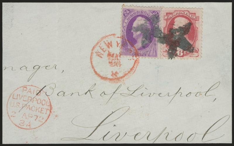 6c Carmine, 24c Purple (148, 153).> Tied by <New York Foreign Mail Star> cancel (Ty. ST-5P1), 24c also tied by red New York Mar. 20 circular datestamp on reduced cover front only <to Liverpool, England,> 1872
arrival datestamp, Very Fine strikes, a