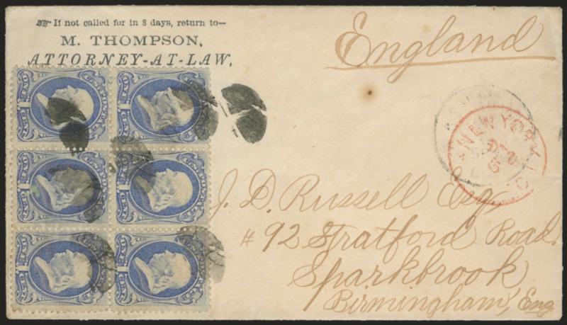 1c Ultramarine (156).> Block of six, tied by quartered corks, light strike of Washington D.C. Dec. 4 circular datestamp on attorneys corner card cover <to Birmingham, England,> red New York Dec. 5 circular
datestamp, 1874 receiving backstamp, in