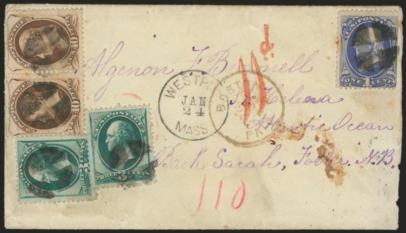 1c Ultramarine, 3c Green, 10c Brown (156, 158, 161).> 10c horizontal pair  and two 3c, tied by quartered corks, Westport Mass. Jan. 24 circular datestamp on cover <to St. Helena,> red Boston transit, red crayon
110 credit and red 11d handstamp,