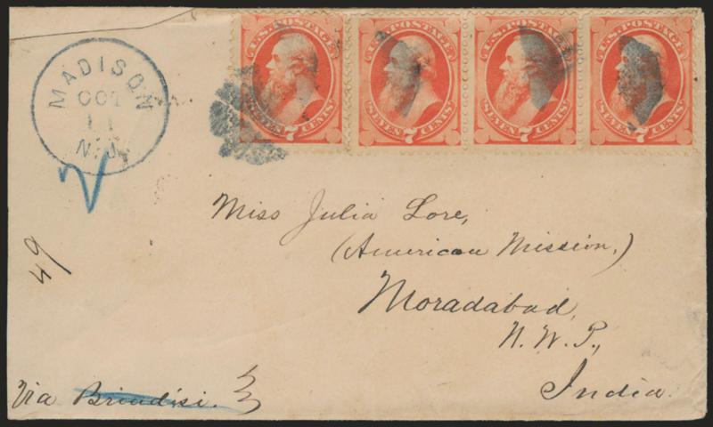 7c Orange Vermilion (160).> Horizontal strip of three and single, tied by <blue> cork, matching Madison N.J. Oct. 11 circular datestamp on cover <to Moradabad, India,> Sea Post, Bombay and receiving backstamps,
slightly reduced at left and missing