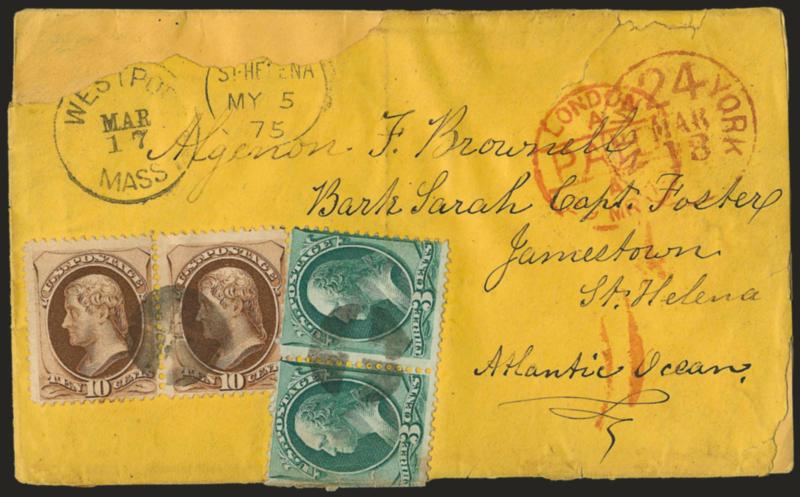 10c Brown (161).> Horizontal pair, used with horizontal pairs of 1c Ultramarine (156) and 3c Green (158), cancelled by quartered corks, Westport Mass. Mar. 17 circular datestamp on orange 1875 cover <to
Jamestown, St. Helena,> red New York 24 Mar.