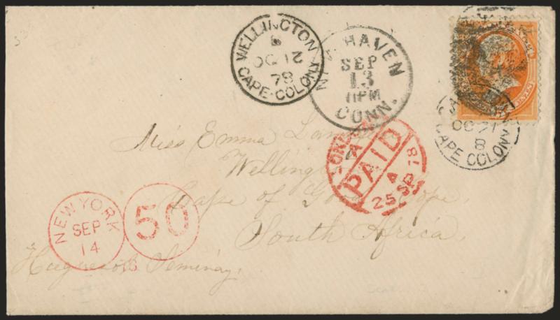 15c Yellow Orange (163).> Radiant color, tied by bold cork, New Haven Conn. Sep. 13 circular datestamp on cover <to Cape of Good Hope,> red New York Sep. 14 50 credit datestamp, 1878 London transit, Cape Town
and receiving datestamps, barely redu