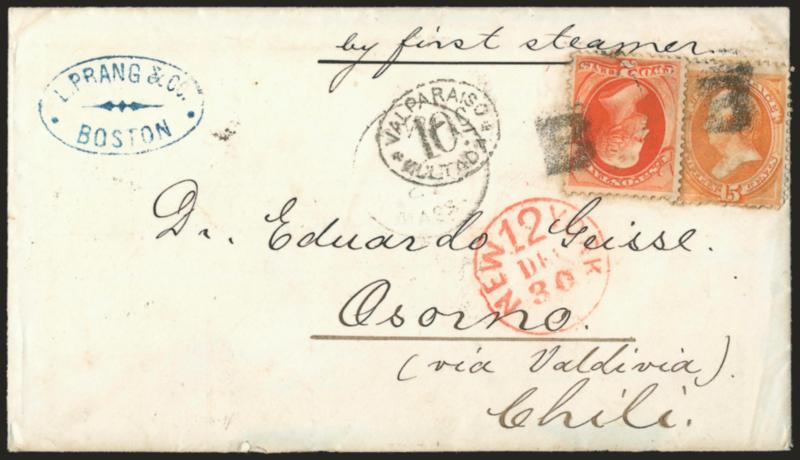 15c Yellow Orange (163).> Used with 2c Vermilion (178), tied by bold strikes of  handstamps on cover <to Chile,> Boston Dec. 27 and Valparaiso backstamps, oval Valparaiso Militada 10c handstamp, 12c New York
credit datestamp, missing part of