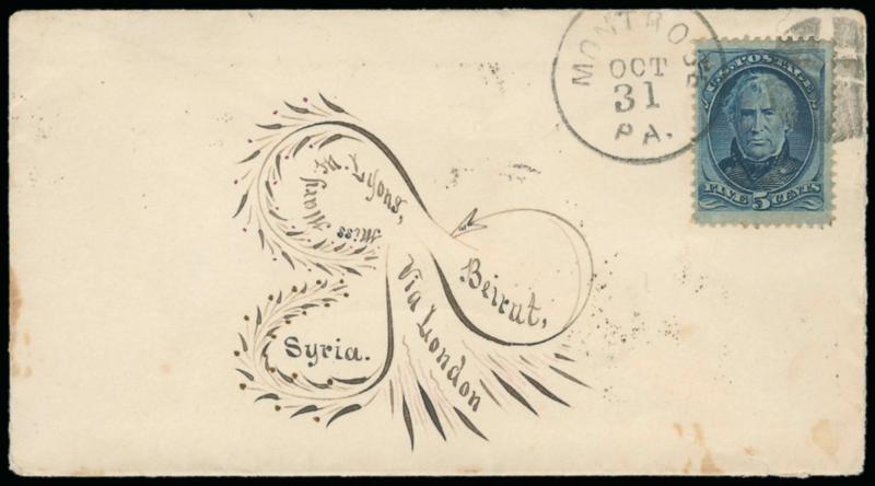 5c Blue (179).> Rich color, wide margins, tied by quartered cork and Montrose Pa. Oct. 31 circular datestamp on cover <to Beirut, Syria,> attractive calligraphic address includes routing instructions Via London,
small tear at bottom of cover and