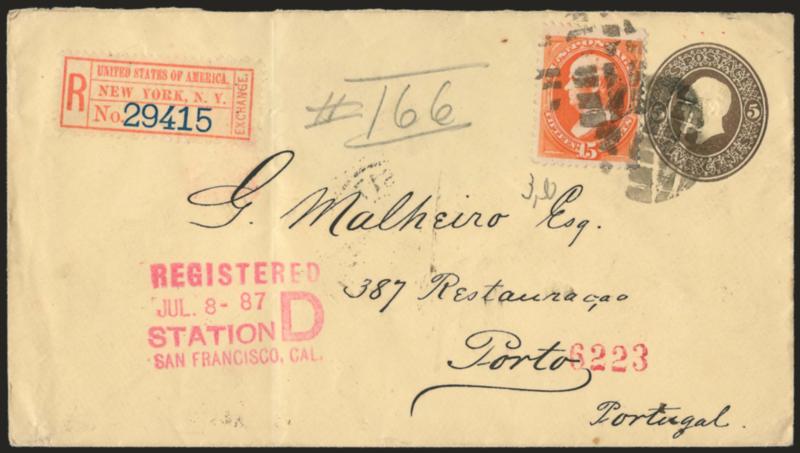 15c Red Orange (189).> Rich color, used on <5c entire> and tied by segmented cork, <to Porto, Portugal,> red Registered Jul. 8, 1887 Station D, San Francisco Cal. handstamp, New York registry label, Lisbon and
receiving backstamps, some slight wear
