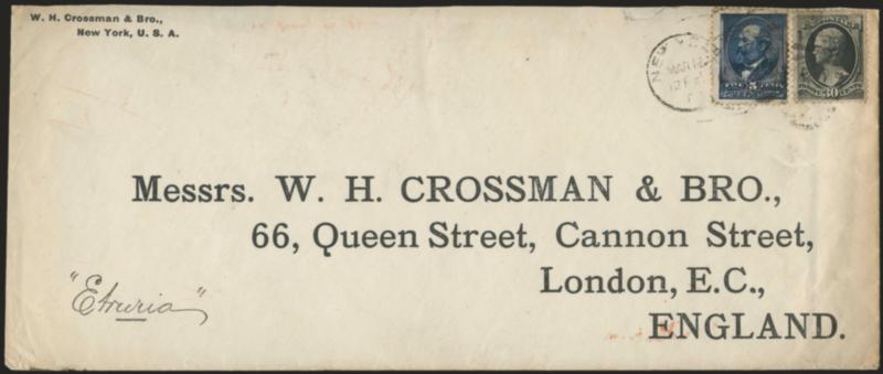 5c Indigo, 30c Full Black (190, 215).> Tied by New York Mar. 13, 1888 duplex cancels on large-size cover with printed address <to London, England,> red receiving backstamp, stamps defective, appears Fine,
attractive high-value franking, ex Mercedes