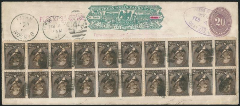 5c Yellow Brown (205).> Block of 20, natural s.e. at left and few perf separations, rich color, tied by corks, Benson Ariz. Feb. 6, 1887 circular datestamp on legal-size <20c Mexico entire with printed Wells,
Fargo & Co. Express frank,> used as a p