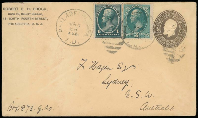 3c Blue Green, 4c Blue Green (207, 211).> Rich colors, tied by Philadelphia Pa. Jan. 28, 1888 circular datestamp with yeardate inverted on 5c entire <to Sydney, New South Wales,> San Francisco and receiving
backstamps, some slight overall toning, V