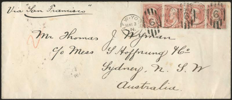 6c Rose (208).>  Horizontal strip of four, tied by New-York Mar. 3, 1883 duplex cancels on large-size cover <to Sydney, Australia,> endorsed <<Via San Francisco>> at top left, red crayon 2 at left, left stamp
sealed tear, cover with small tear