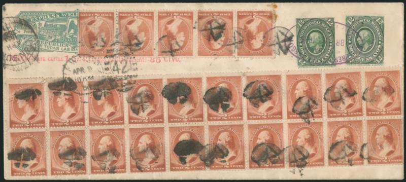 2c Red Brown (210).>  Block of 20 and horizontal strip of five, s.e. at right, tied by corks, Benson Ariz. Apr. ?, 188? circular datestamp on legal-size <Mexico entire with two 12c impressions and Wells, Fargo &
Co. printed frank,> used as a paste-